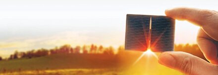 Direktvermarktung für Photovoltaik Ein Hand mit PV-Modul vor dem Sonnenuntergang, im Hintergrund eine Wiese