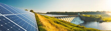 Ein Fluss, daneben PV-Anlagen, im Hintergrund Windräder