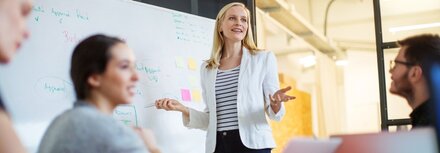 Strom Abgaben und Umlagen Eine Frau hält einen Vortrag vor einem Flipchart.