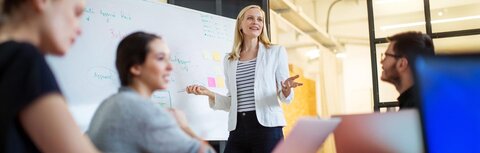 Beratung zu grünen Lösungen Eine blonde Frau erläutern einer Gruppe etwas vor einem Whiteboard.