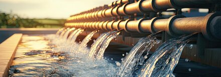 Rohre, aus denen Wasser in eine Becken fließt