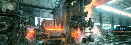 Licht für Produktion und Lager Spritzwasserkühlung einer Rollmühle in einer beleuchteten Fabrikhalle.