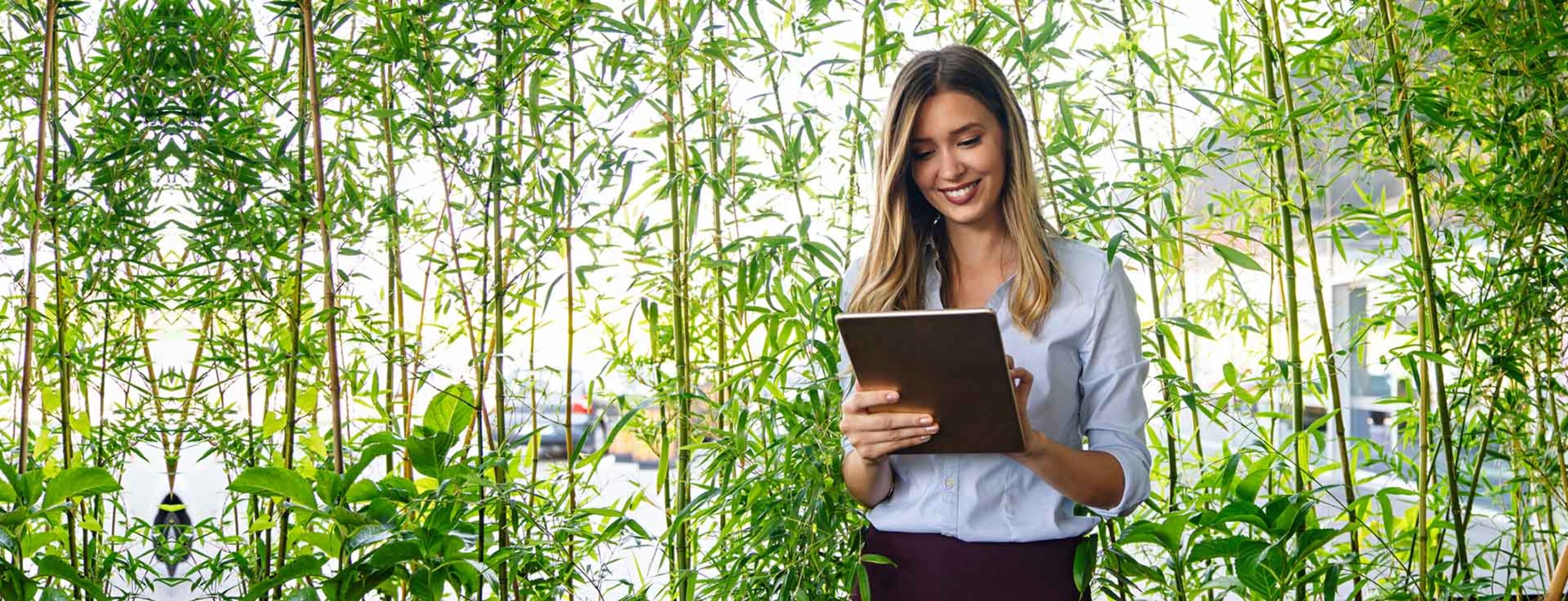 Eine Business-Frau mit Laptop vor grünen Pflanzen