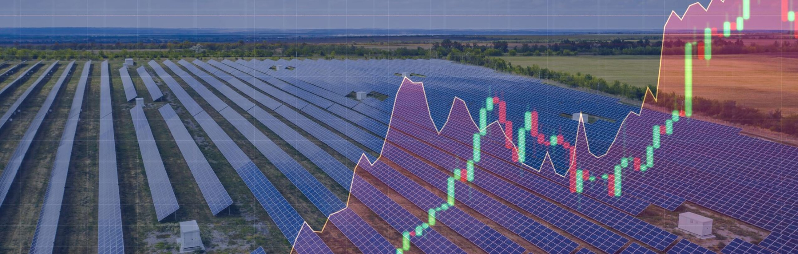 Ein Solarpark mit stilisiertem Strombörsenkurs im Vordergrund