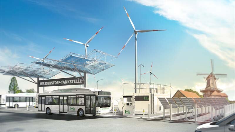 Eine PV-Anlage, Windräder und H2-Busse an einem ZOB