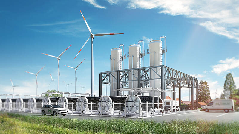Ein Ensemble an Anlagen und Fahrzeugen der Wasserstoffwirtschaft: Windräder, Elektrolyseur, Wasserstofftanks und Wasserstoffautos