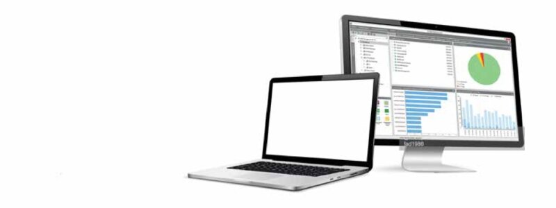 Laptop und Bildschirm mit Ansicht der Benutzeroberfläche von G DATA Endpoint Protection business