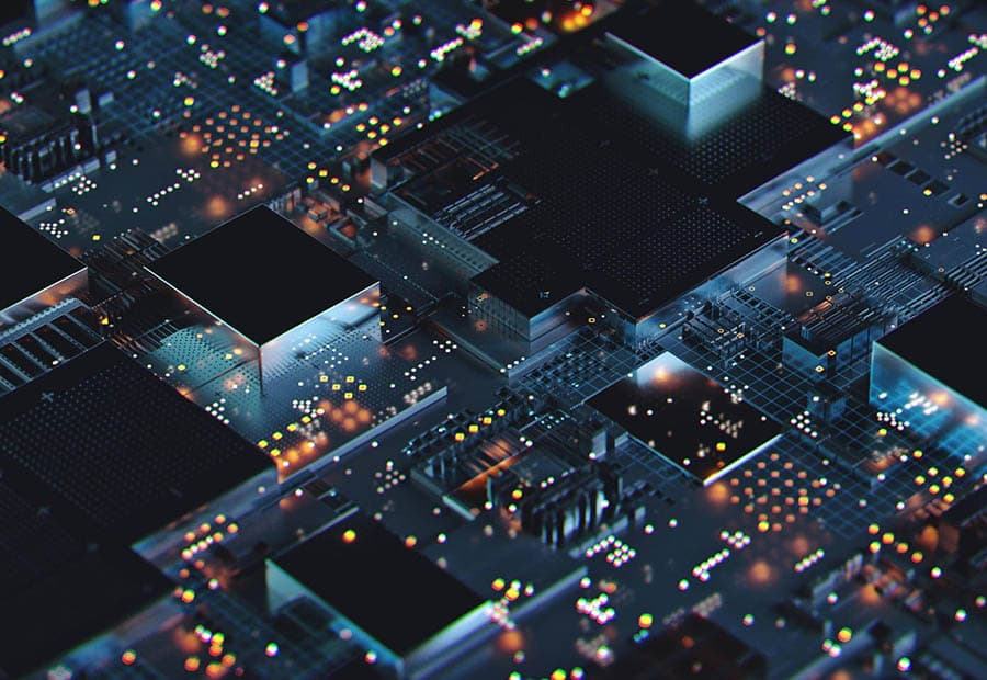 Ein Platine mit leuchtenden Dioden