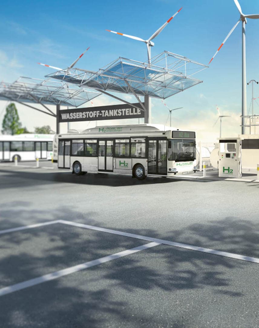 Eine gezeichnete Wasserstofftankstelle mit Bussen davor, im Hintergrund Windräder, Batterien und ein alter Hof mit Windmühle