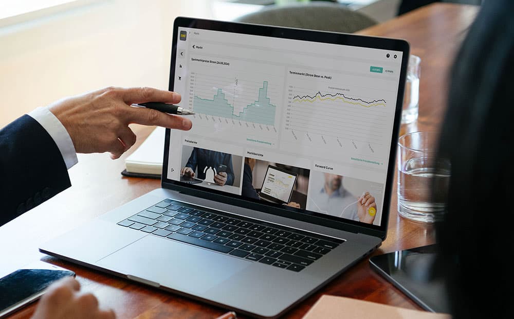 Eine Person erklärt Diagramme auf einem Laptop