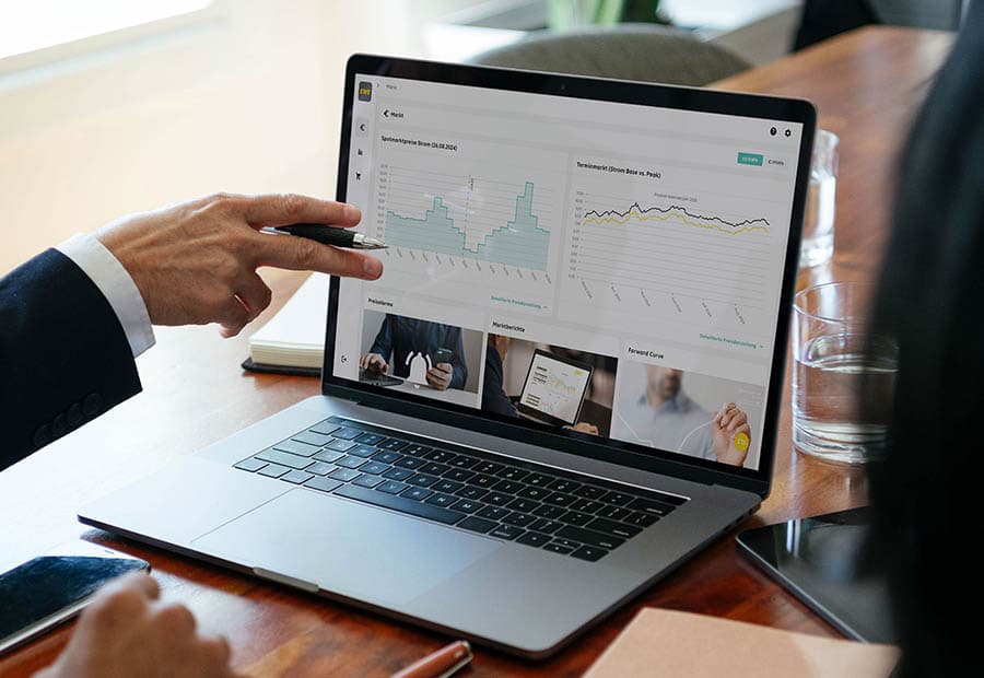 Eine Person deutet auf Diagramme im Business Portal, das auf einem Laptop angezeigt wird.