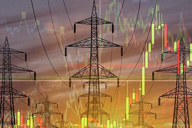 Ein transparentes gelb-rotes Diagramm, hinter dem Strommasten zu sehen sind 