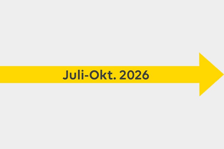 Ein Pfeil mit der Aufschrift Juli bis Oktober 2026