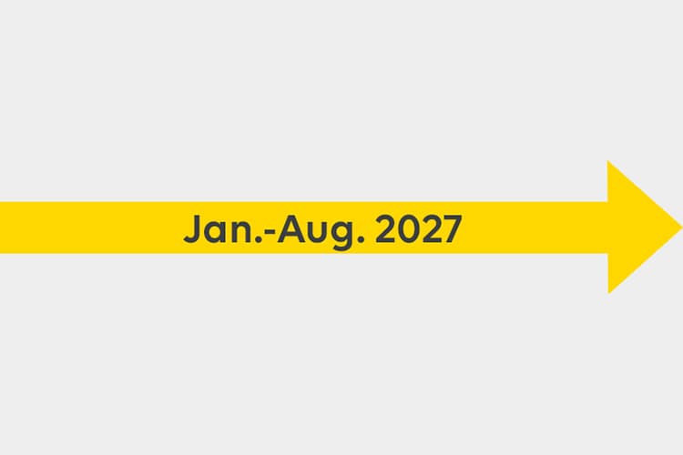 Ein Pfeil mit der Aufschrift Januar bis August 2027