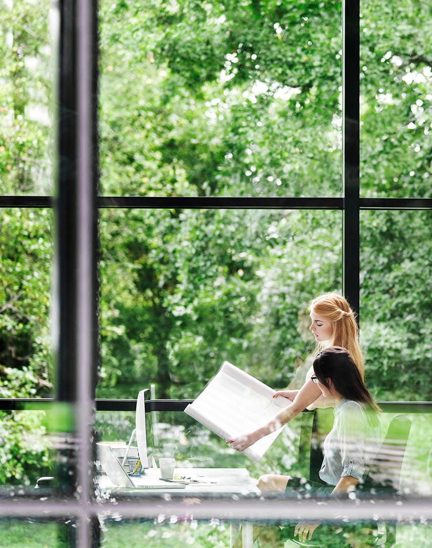 Zwei Kolleginnen bei der Büroarbeit vor einer Fensterfront, hinter der Bäume zu sehen sind.
