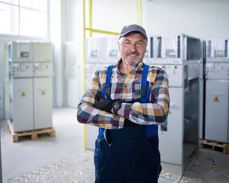 Ein Techniker im Blaumann in einer Lagerhalle für Stromspeicher, der die Arme verschränkt und lächelt.
