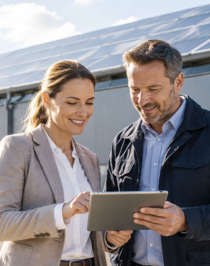 Zwei Personen stehen vor einem Gebäude mit Solarpaneelen auf dem Dach und betrachten gemeinsam ein Tablet