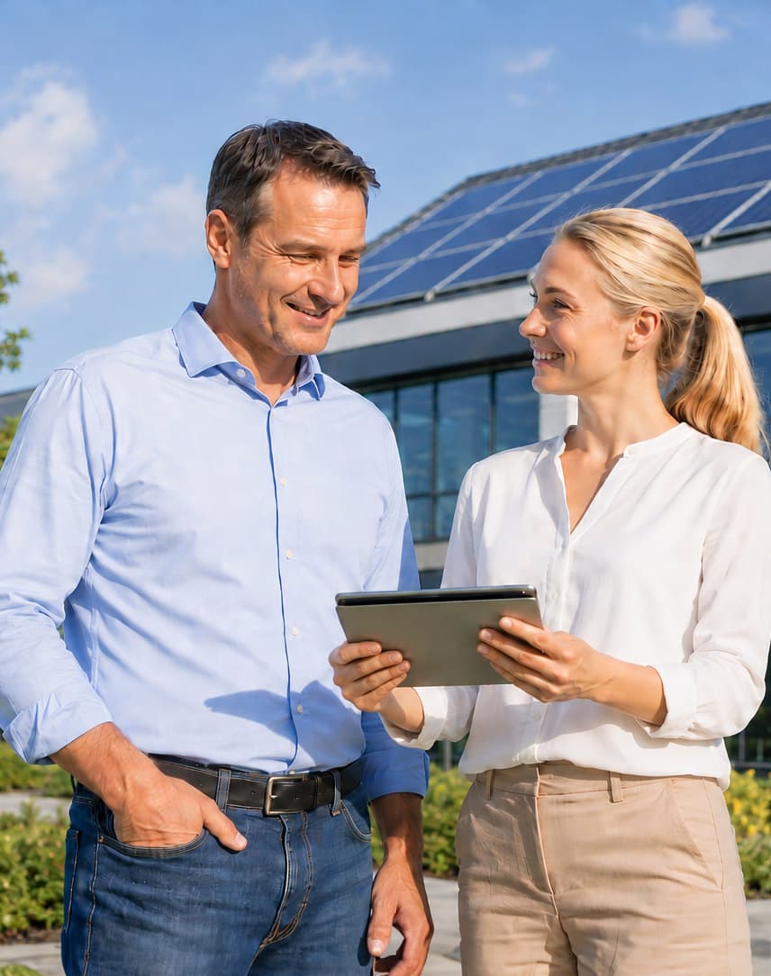 Eine Geschäftsfrau und ein Geschäftsmann betrachten auf einem Tablet die Energieerträge einer Solaranlage vor einem modernen Gebäude mit Solarpanels.