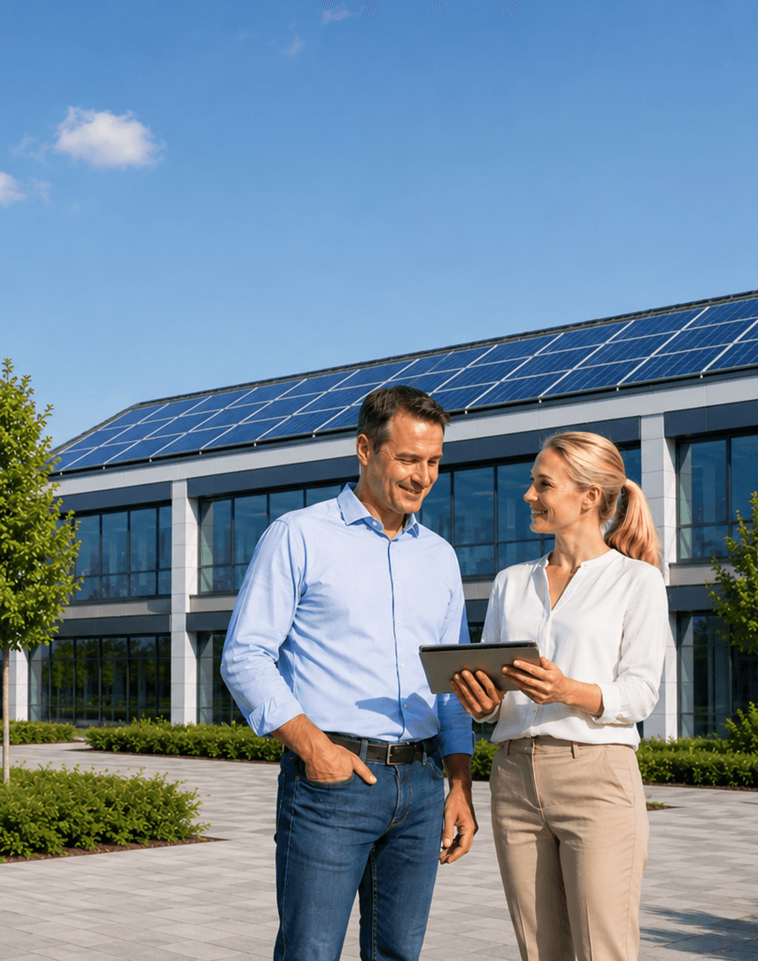 Eine Geschäftsfrau und ein Geschäftsmann betrachten auf einem Tablet die Energieerträge einer Solaranlage vor einem modernen Gebäude mit Solarpanels.