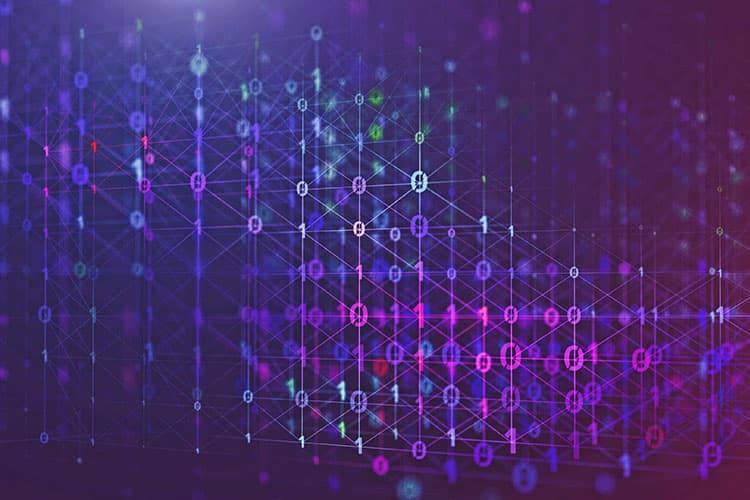 Ein stilisiertes pink-lilanes Gitter aus den Ziffern 1 und 0