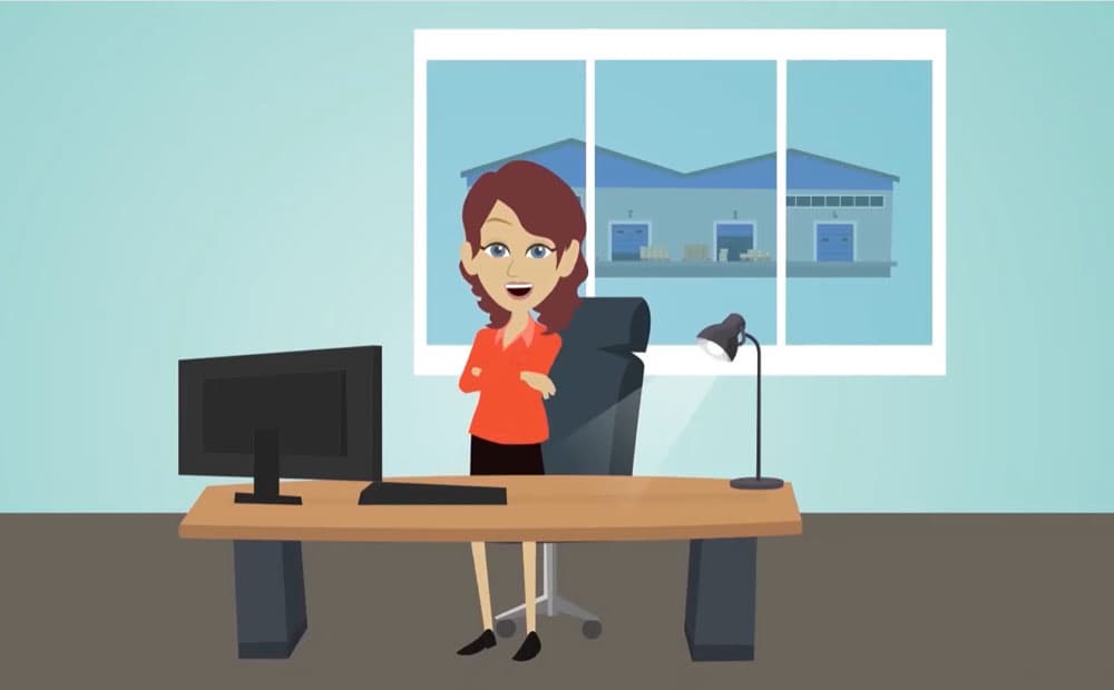 Comicausschnitt des Videos zu EWE business Strom logic plus: Eine Frau steht an einem Schreibtisch an ihrem Laptop und lächelt.