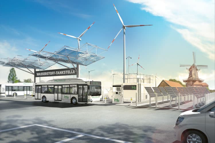 Ein Bus an einer Wasserstoff-Tankstelle, dahinter Windräder und eine alte Windmühle
