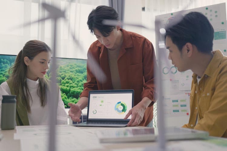 Drei KollegInnen gucken auf ein Diagramm auf einem Notebook, davor Pflanzen und ein Modell-Windrad
