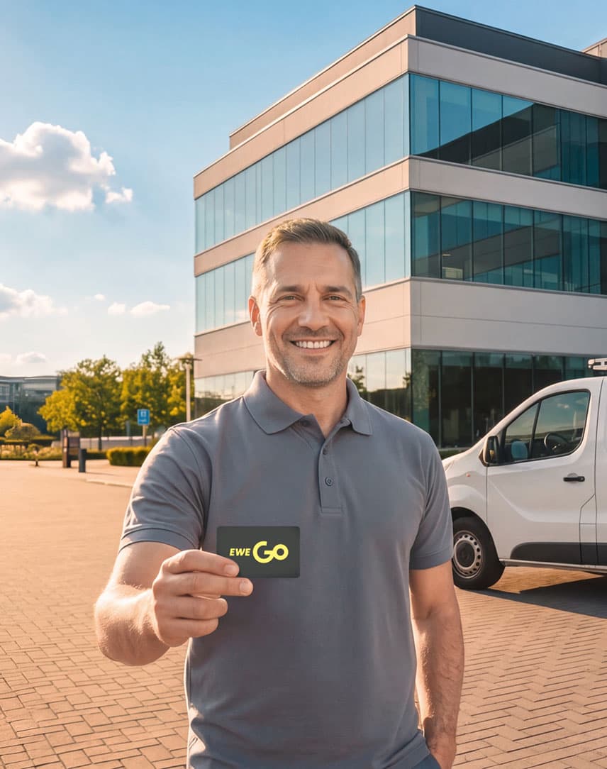 Lächelnder Mitarbeiter vor Firmengebäude und Lieferwagen mit einer EWE-Go-Ladekarte in der Hand.