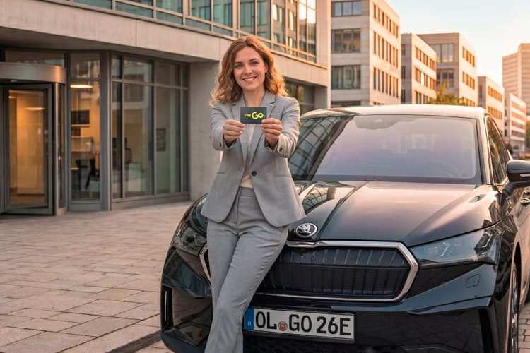 Eine Geschäftsfrau mit EWE Go-Ladekarte vor einem Auto in der Stadt