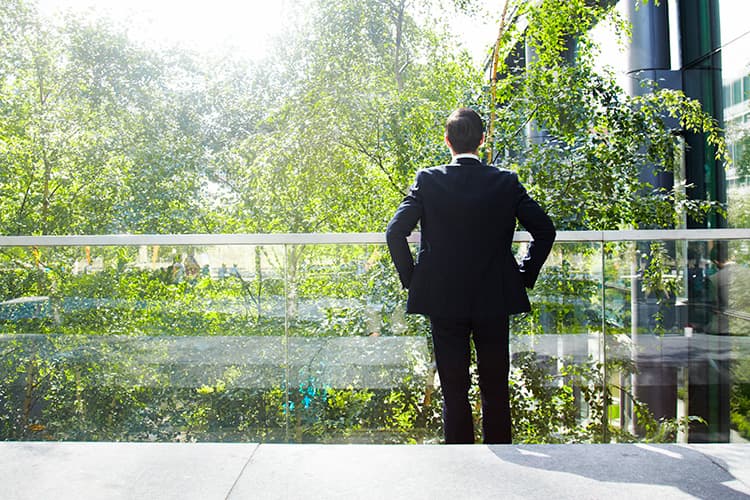 Ein Mann im Anzug steht mit den Händen in den Hüften auf einem Balkon und blickt auf grüne Bäume