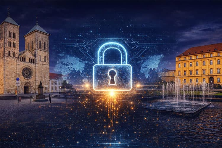 Bildcomposition der Stadt Osnabrück mit grafischen Sicherheitsschloss