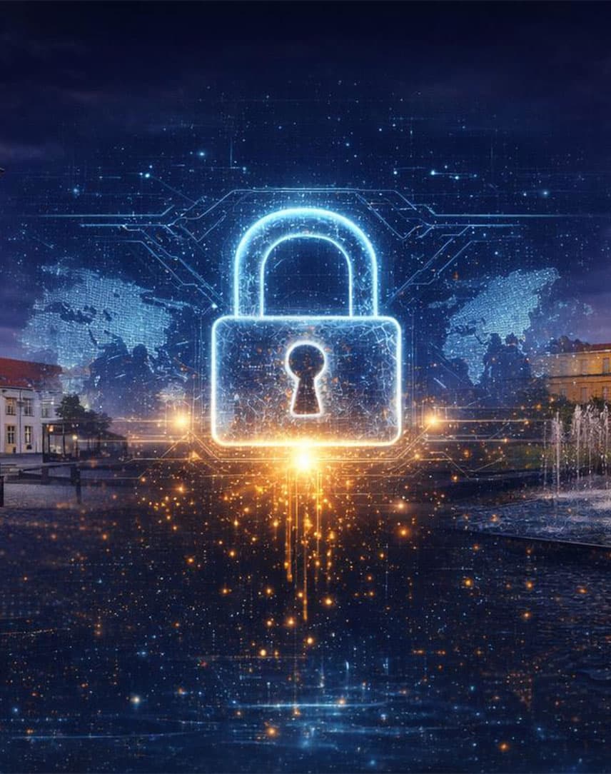 Bildcomposition der Stadt Osnabrück mit grafischen Sicherheitsschloss