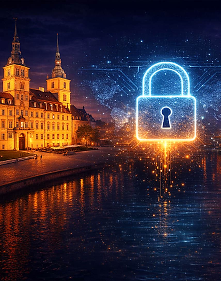 Historische Gebäude Oldenburgs in der Dämmerung, davor die Grafik eine digitalen Vorhängeschlosses