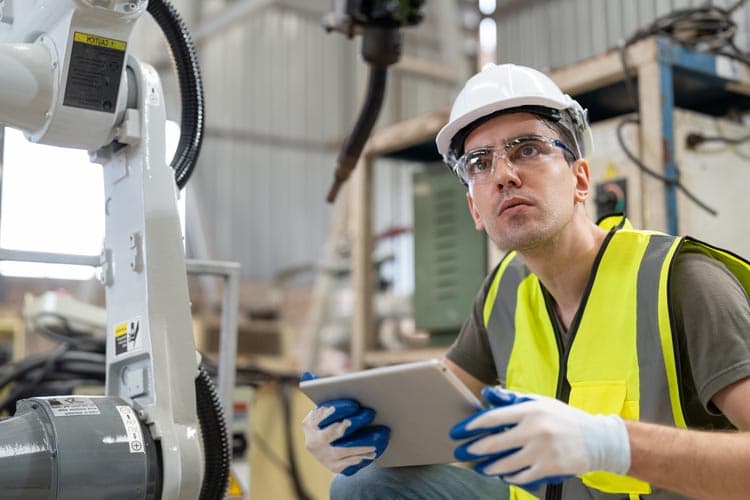Ein Mann mit Schutzkleidung und Tablet guckt sich eine Maschine in einer Fertigungshalle an.
