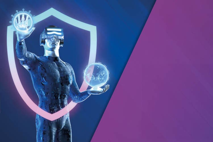 Eine stilisierte digitale Figure mit Security Shield und transparenter Kugel in der Hand