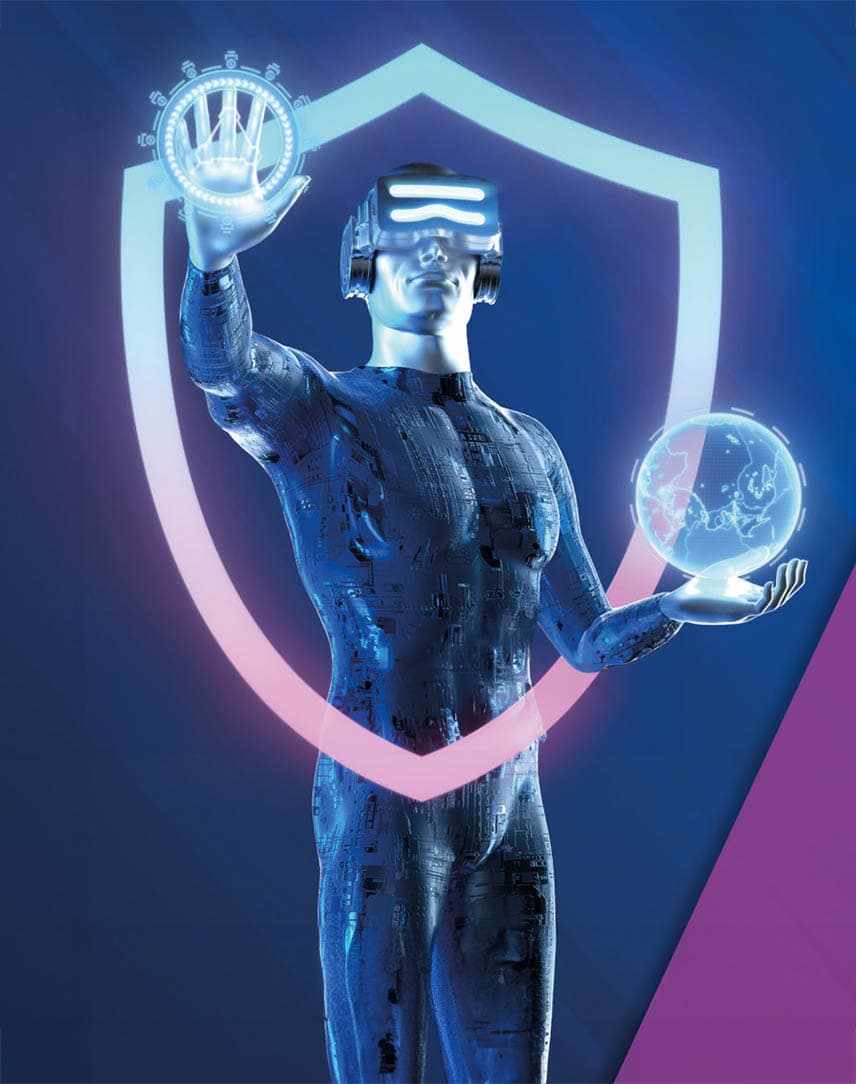 Eine stilisierte digitale Figure mit Security Shield und transparenter Kugel in der Hand