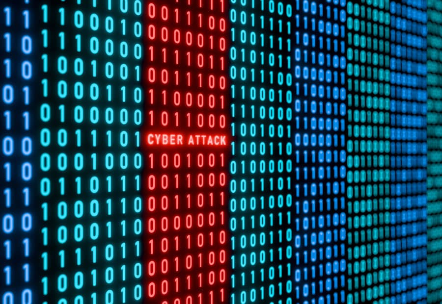 Code mit 1 und 0, dazwischen der Text "Cyber Attack"