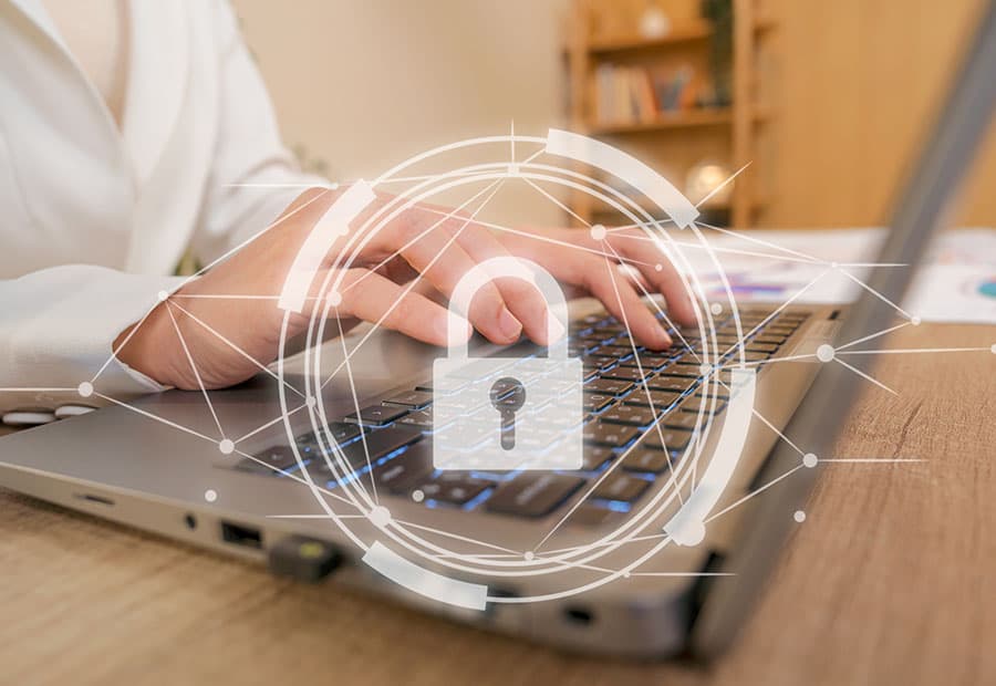 Ein Laptop mit stilisierter Vorhängeschoss-Grafik