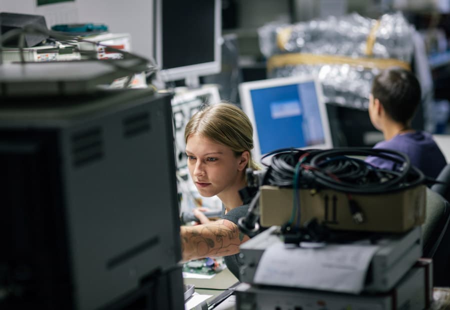 Eine Frau, die in einer IT-Zentrale arbeitet