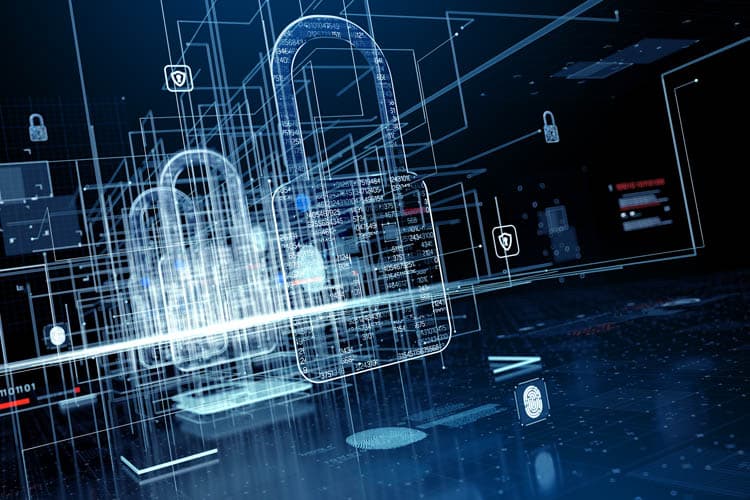 Eine stilisierte Darstellung mehrerer IT-Schichten mit Sicherungen, die durch Vorhängeschlösser symbolisiert werden