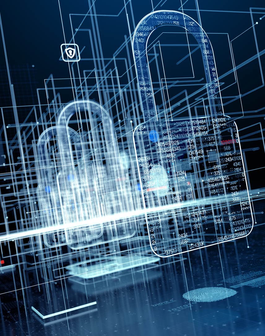 Eine stilisierte Darstellung mehrerer IT-Schichten mit Sicherungen, die durch Vorhängeschlösser symbolisiert werden