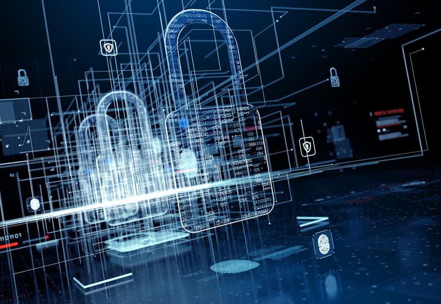 Eine stilisierte Darstellung mehrerer IT-Schichten mit Sicherungen, die durch Vorhängeschlösser symbolisiert werden