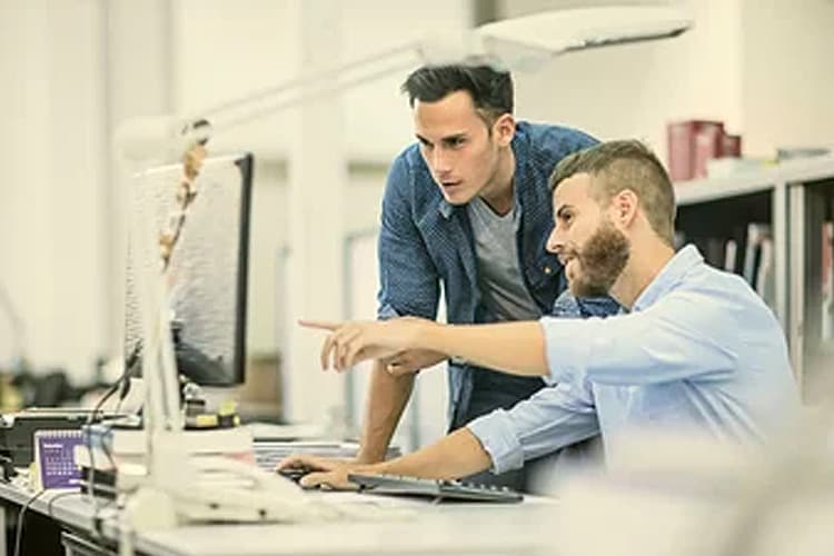 Zwei Männer schauen auf Computerbildschirm