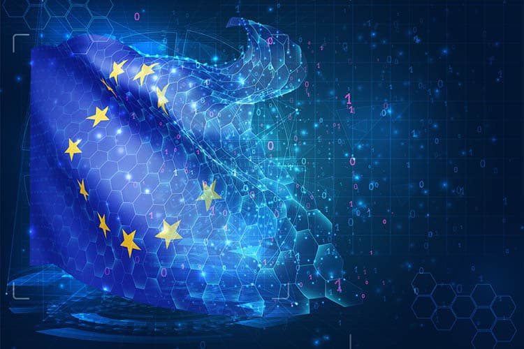 Bildkomposition aus Europa-Flagge, Code und Netzwerkverbindungen
