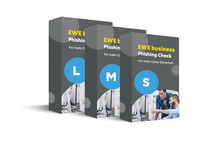 Drei Verpackungen mit den Größen S, M und L des EWE business Phishing-Checks