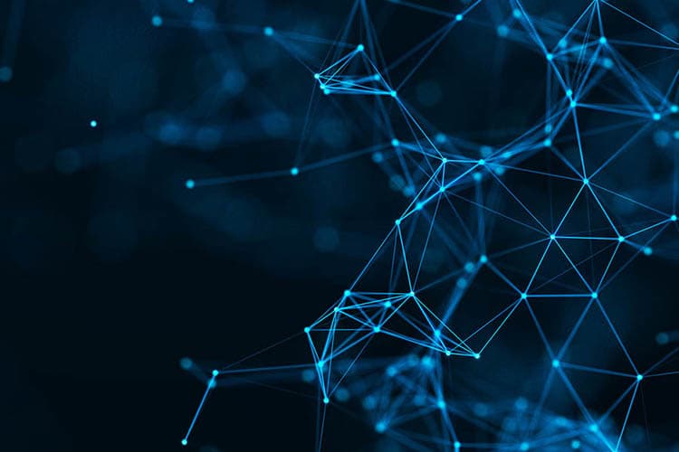 Ein stilisiertes neuronales Netz mit Knotenpunkten in dunkelblauer Anmutung