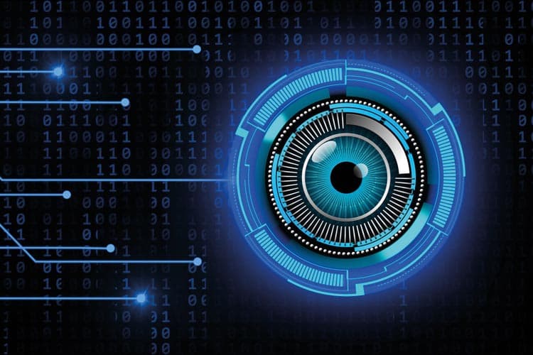 Ein blaue stilisierte Pupille mit Linien sowie 1-0-Zahlenreichen, die eine IT-Überwachung darstellen sollen