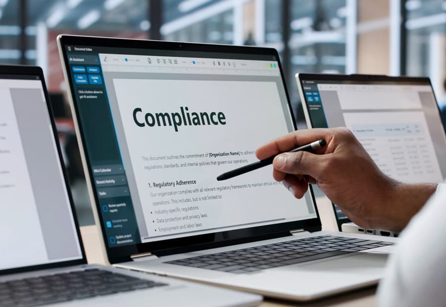 Ein Notebook neben anderen Notebooks, auf dem ein Text mit der Überschrift "Compliance" steht