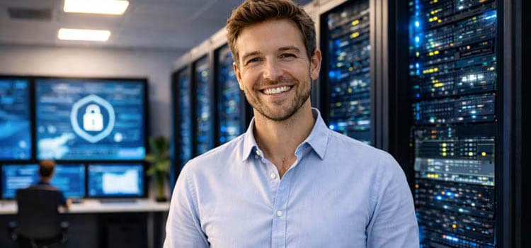 Ein Mann im blauen Hemd steht lächelnd vor Serverschränken, im Hintergrund Bildschirme mit einem symbolischen Sicherheitsschloss und einer Person auf einem Bürostuhl.