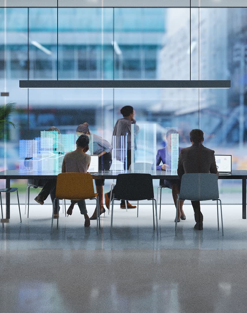 Mehrere Arbeitspersonen in einem futuristisch anmutenden Büro